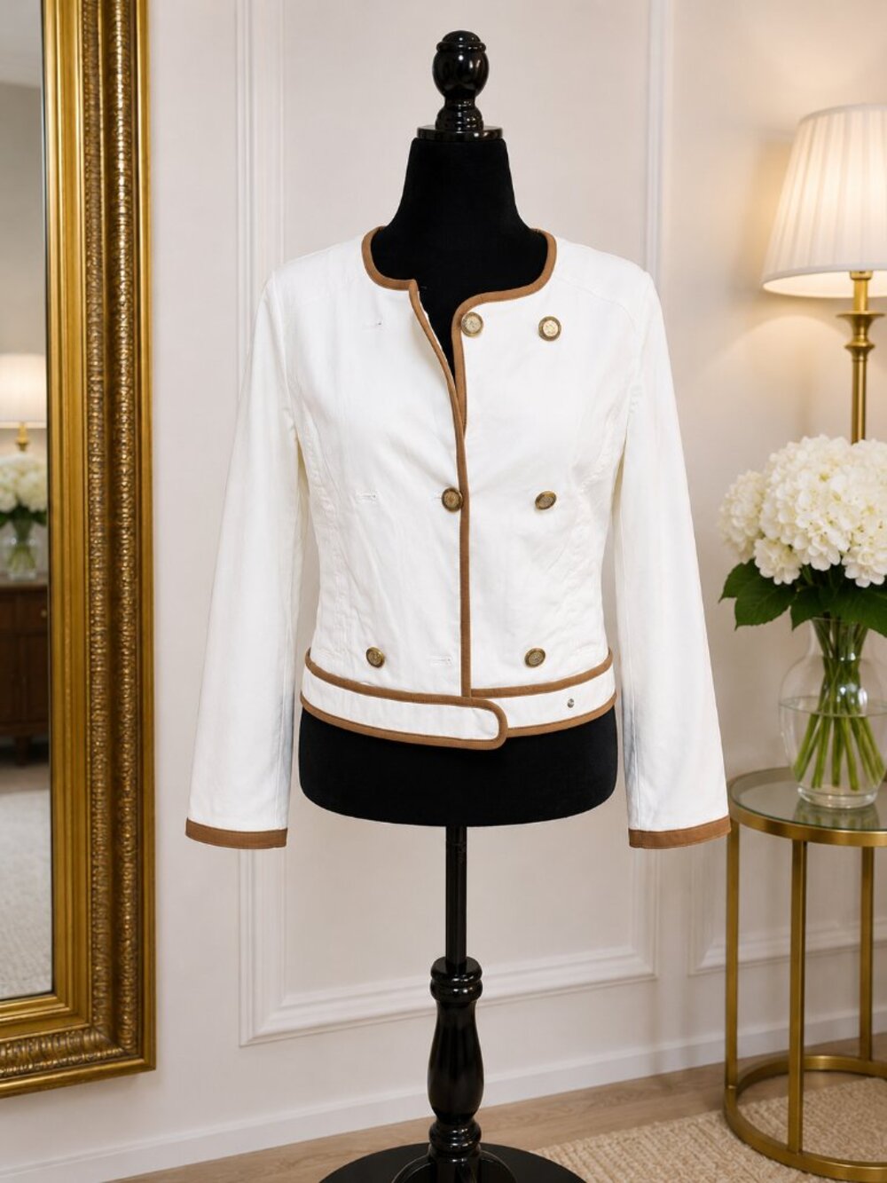 White House Black Market White Jacket with Camel Trim – Size 8